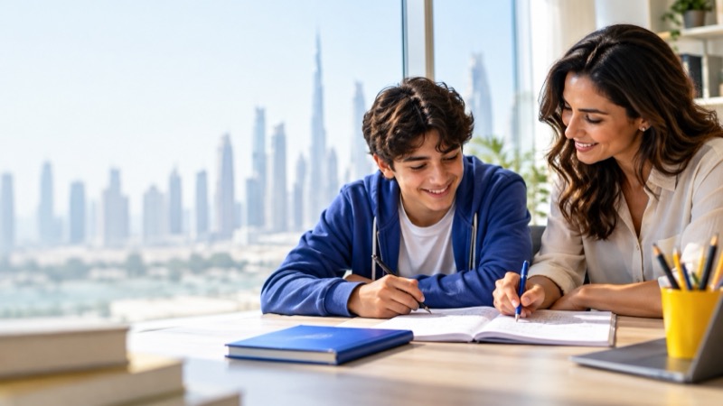Private tutor helping student with homework in Dubai