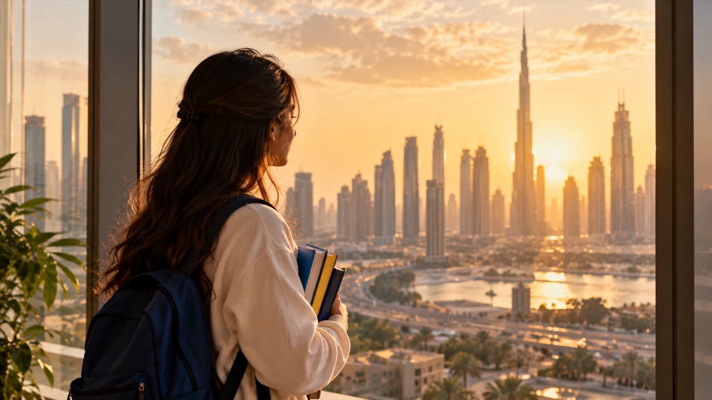 Student looking at Dubai skyline